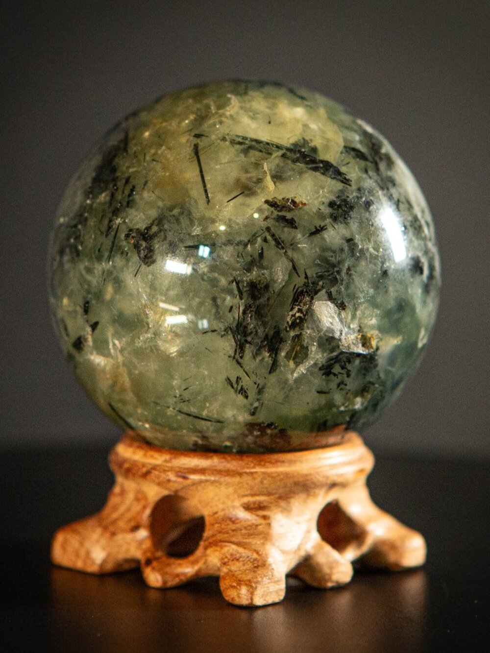 Large 2.5" Prehnite & Black Epidote Crystal Sphere w/ Stand Natural Gemstone